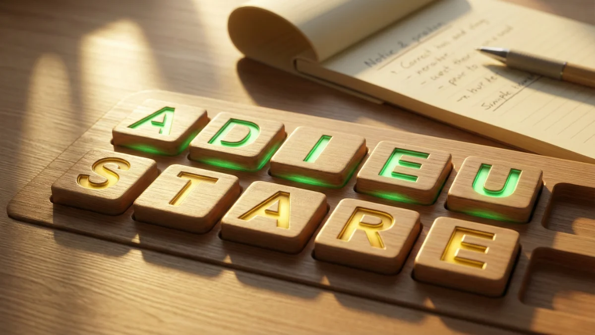 Wooden word game tiles spelling ADIEU and STARE with green and yellow colors for best strategy.