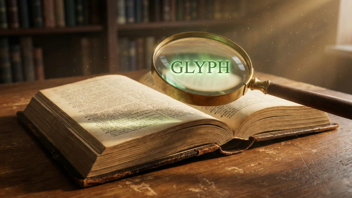 Vintage dictionary showing rare 5-letter words like GLYPH highlighted.