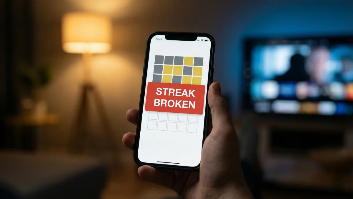 Smartphone screen showing a lost winning streak in a word puzzle game due to common mistakes.