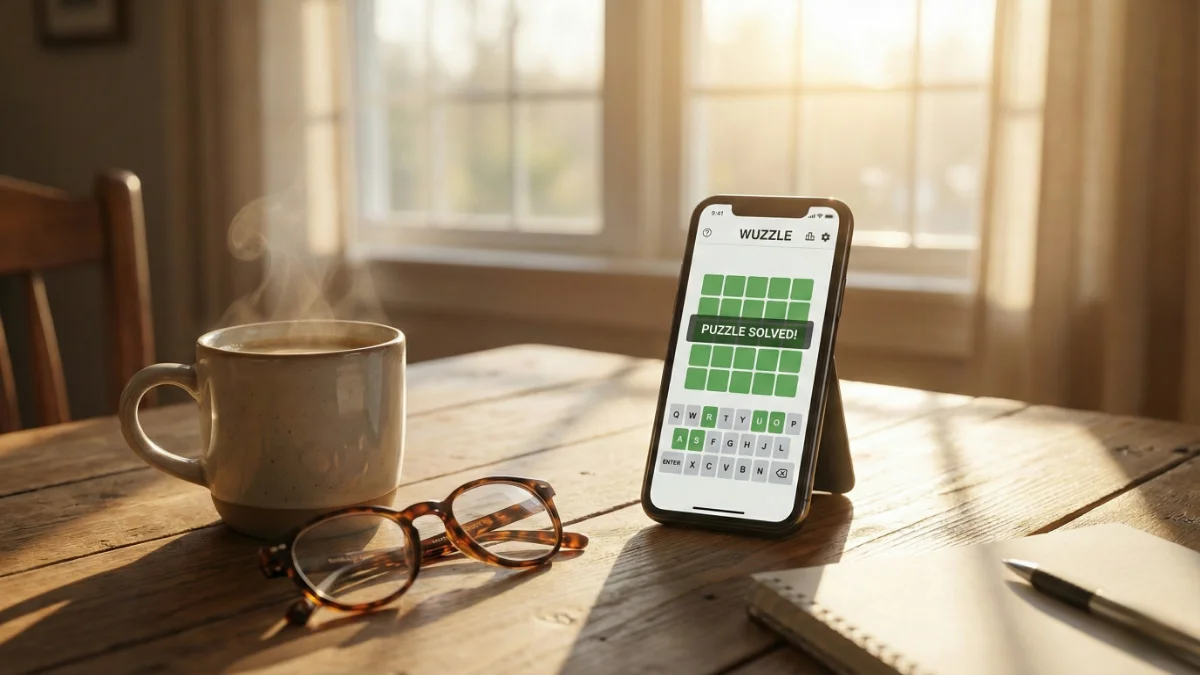 Morning coffee and smartphone showing a completed word puzzle game representing brain training.